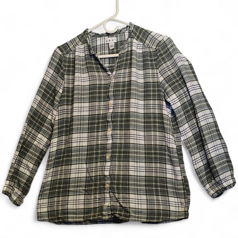 dash Green and White Plaid Long Sleeve Button Front Top Large